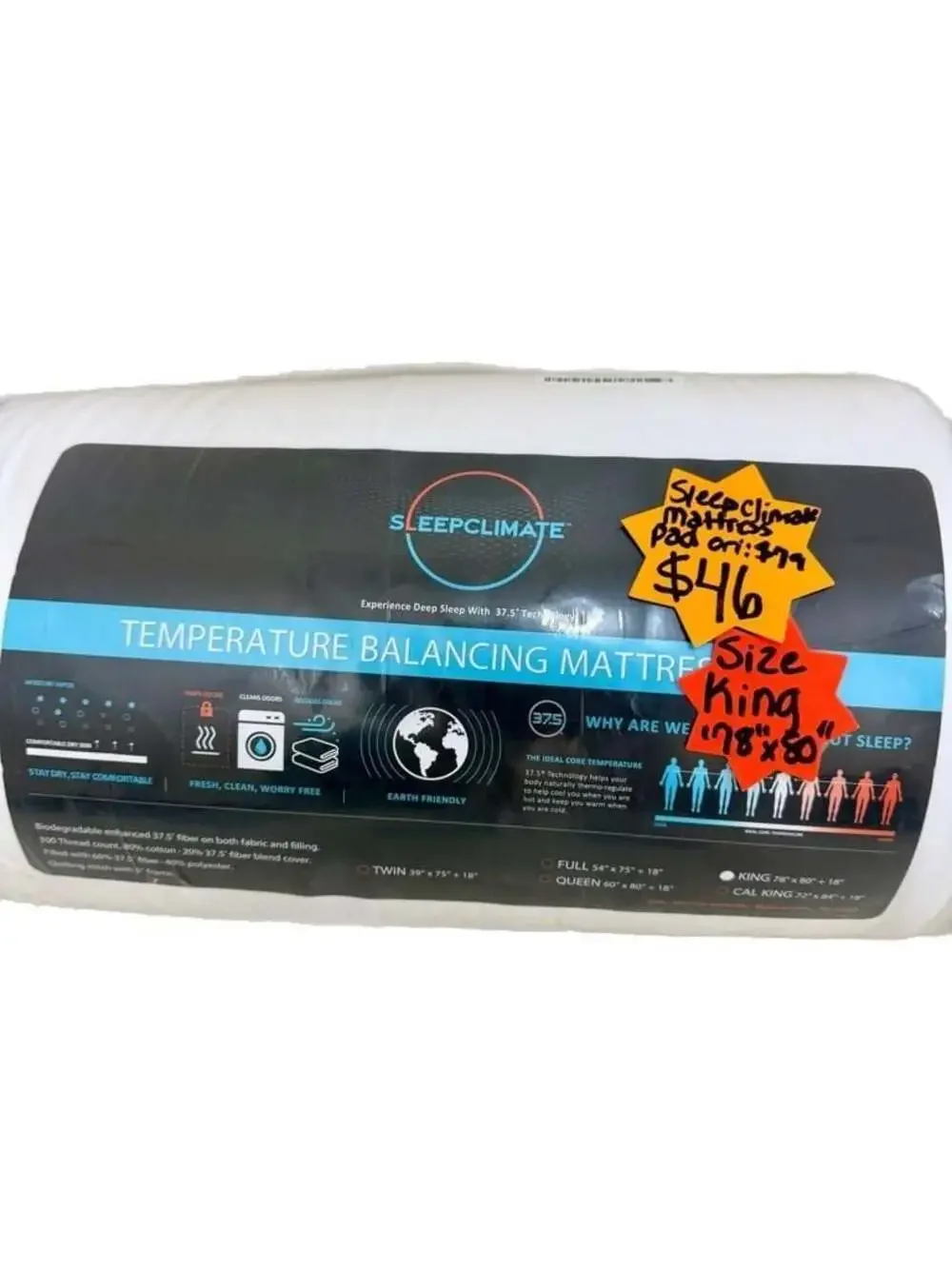 Sleep Climate Temperature Balancing Mattress Pad King Size 78x80